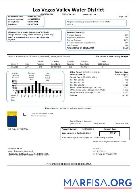 Downloadable USA Las Vegas Valley Water District (LVVWD) business utility bill template in Word and PDF formats